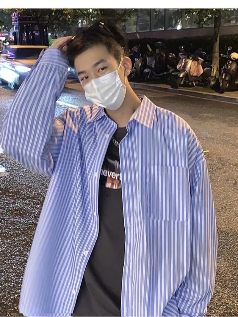 

Casual Striped Men's Long Sve irt American Sle Vintage Hip Haome Outerwear High Street Trend Spring Autumn