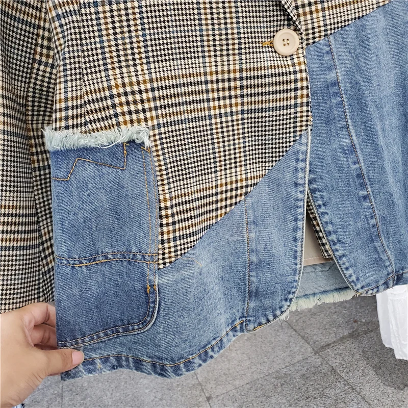 Spring Autumn Plaid Suit Collar Blazer Splicing Denim Jacket Women Mid Length Big Pocket Outerwear Patchwork Jeans Jacket Female