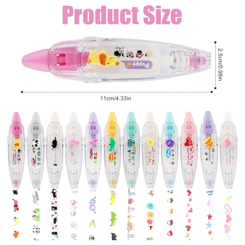 Superior-12Pcs Decorative Tape Pen Set Kit Press Type Decorative Pen Set Correction Tape Pen Animal White Out Tape Tape Roller P