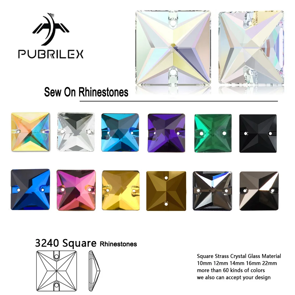 Pubrilex 3240 Square Sew On Rhinestones Flatback Glitter Crystal Rhinestones for Crafts DIY Garment Sewing Accessories