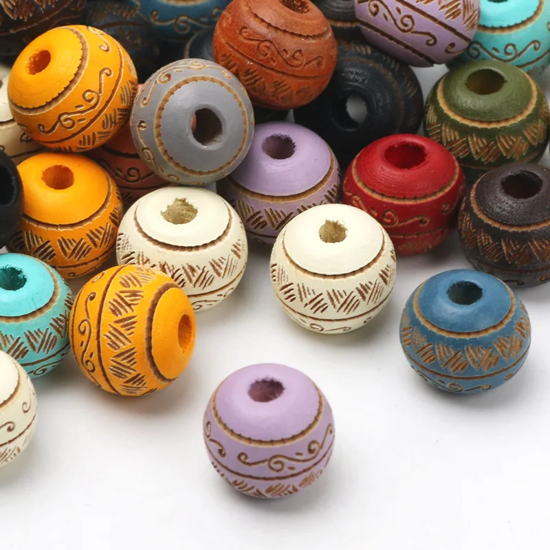 Printing Colored 10/20pcs 10mm Natural Wooden Beads For Jewelry Making Carved Decorative Pattern Beads DIY Bracelets Accessories