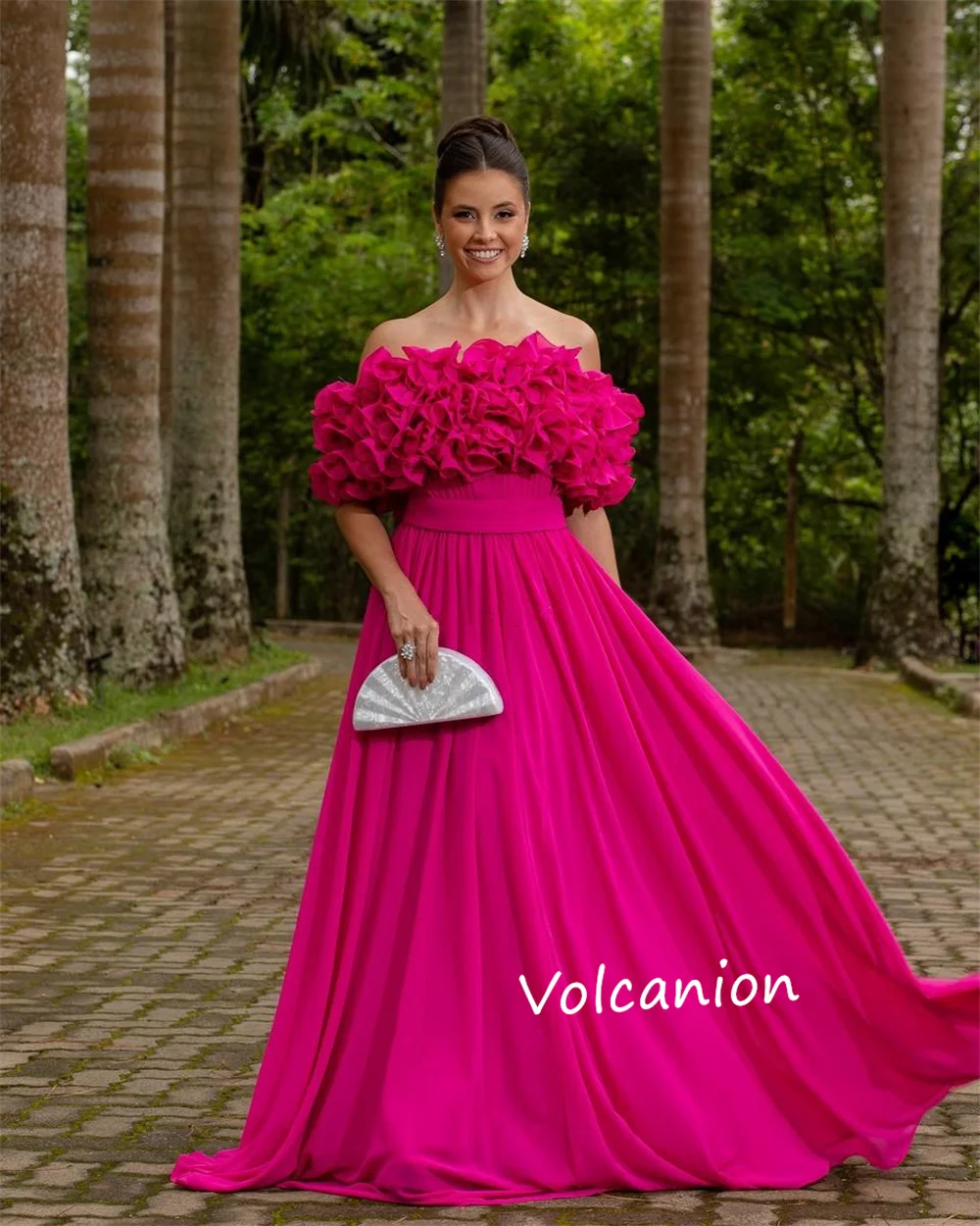 Abiti lunghi personalizzati con pieghe a fiori fatti a mano A-line con spalle scoperte Occasioni su misura Festa di ballo Squisita abbinamento formale