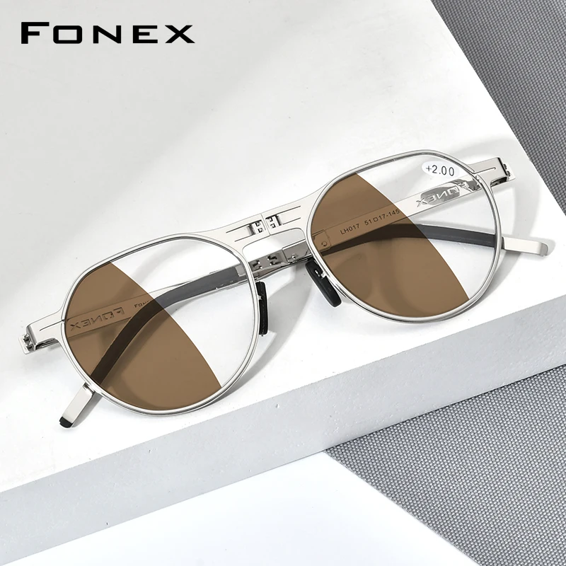 FONEX Photochromic Brown Tea Folding Reading Glasses Men Portable Screwless Women Anti Blue Blocking Reader Eyeglass LH017