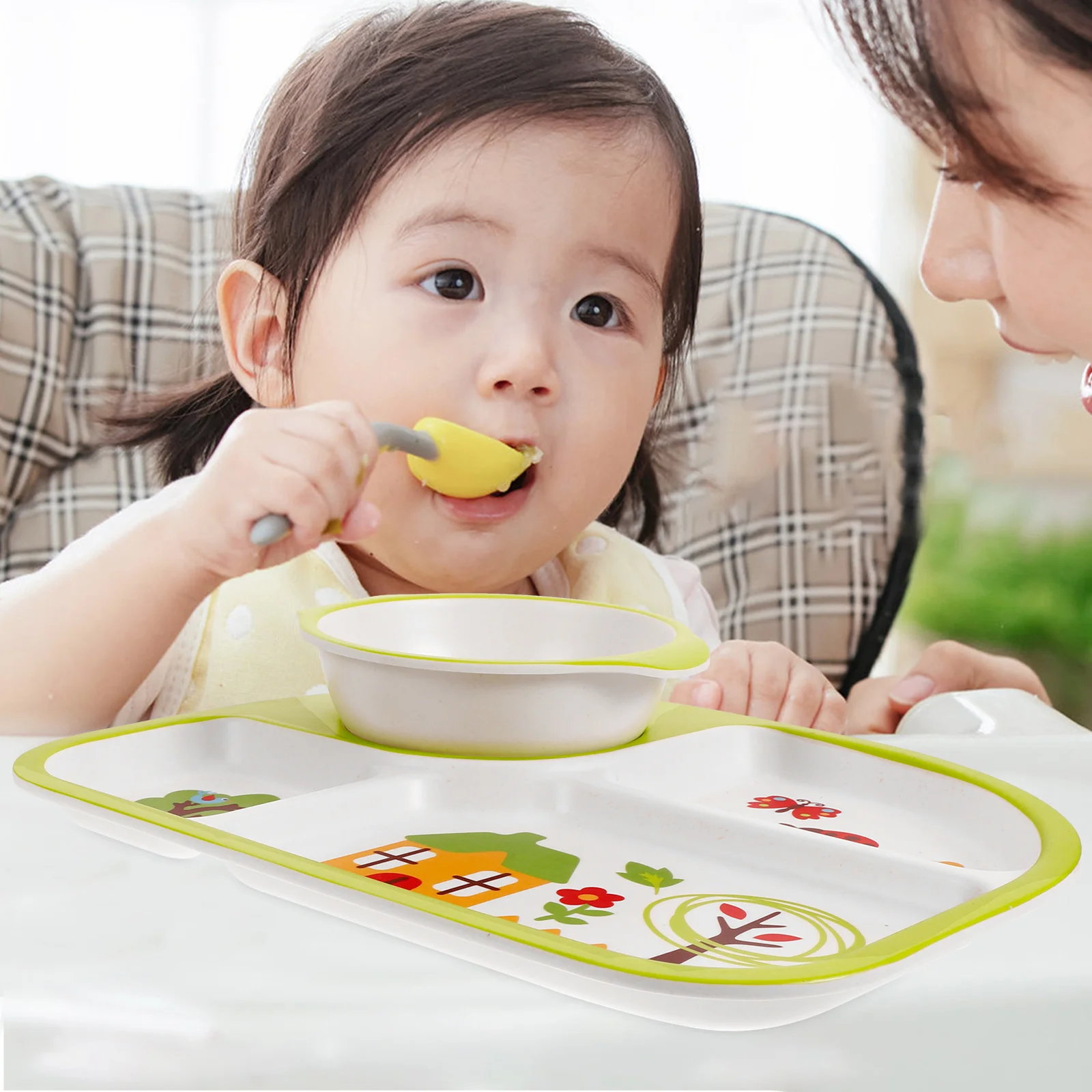

Bamboo Fiber Bowl Shatter-Resistant Dinner Tray For Toddlers Baby Separate Plates Drop-Proof Dishes Kids Feeding Set Green
