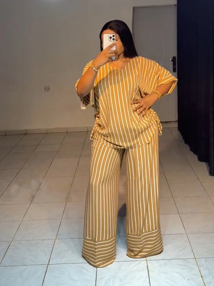 

2piece Woman Outfit Streetwear Clothing Striped Top and Long Trouser Casual Summer Set Shirt Pants Set Wholesale Dropshipping