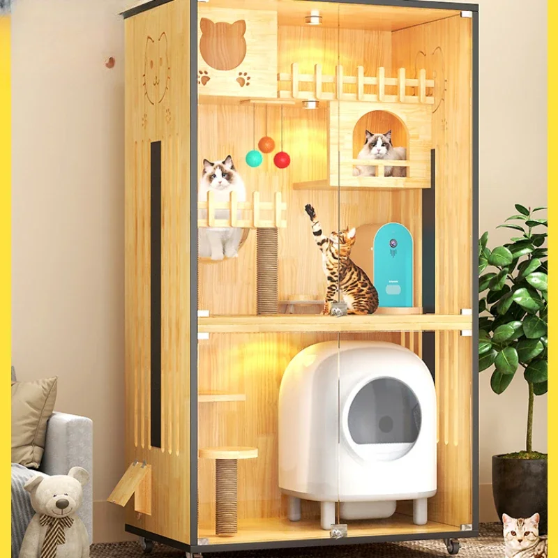 

Luxury Cat Villa Home Cat House Indoor Solid Wood Waterproof Cattery Non-Covering Cage Automatic Litter Box Cabinet