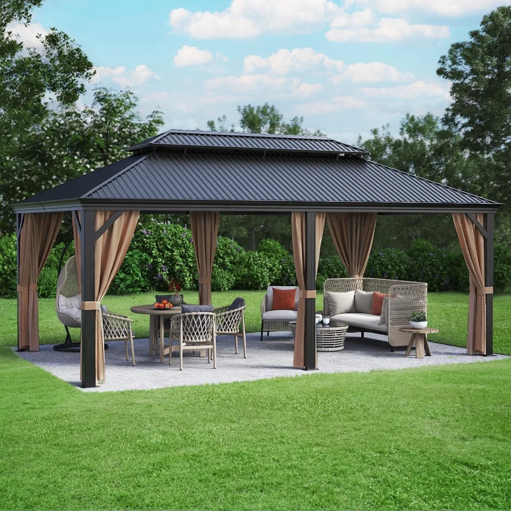 

12'x20' Hardtop Metal Gazebo, Outdoor Galvanized Steel Double Roof Canopy, Aluminum Frame Permanent Pavilion