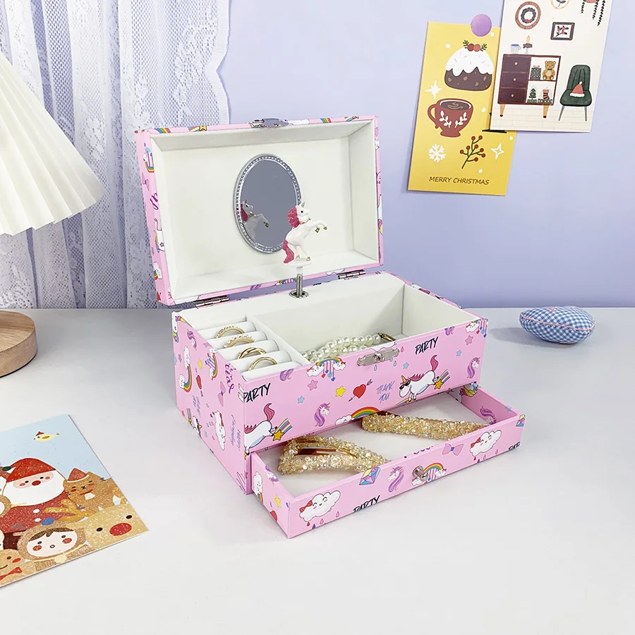 🔥Bestseller Pink Unicorn Music Jewelry Box with Drawer, Rotating Unicorn & Mirror, Perfect Gift for Girls All Occasions