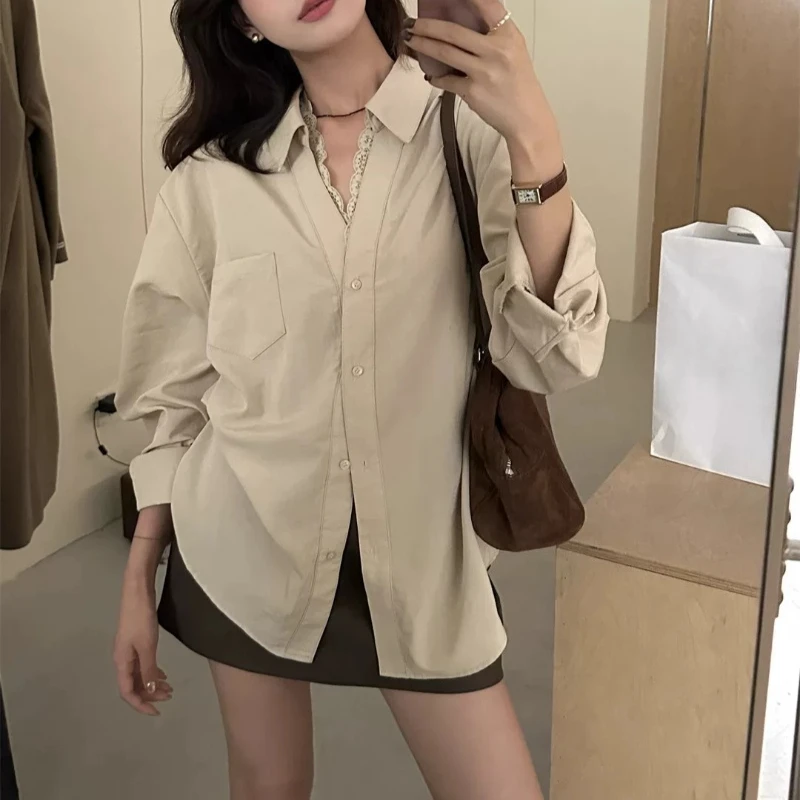 

Fashion Offic Elady Women Spliced Lace Single Breasted Blouse Y2k Simple French High Street Shirt Elegant Lazy Top