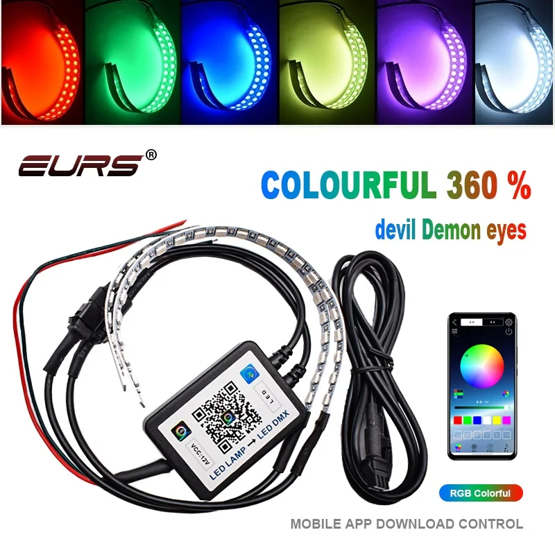 EURS 360 Colorful APP Bluetooth Devil Demon Eyes Halo Rings for Car Motorcycle 2.5 3.0 inch Projector Lens Retrofit Angel Eyes