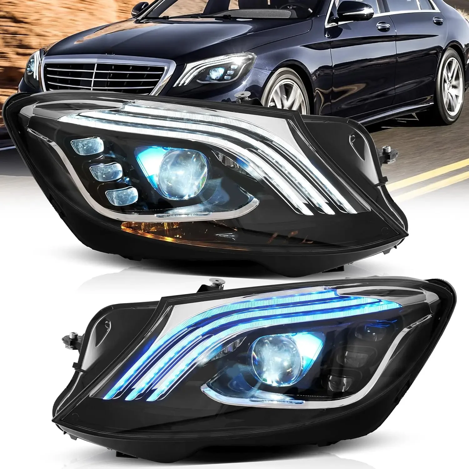 VLAND LED Headlight Assembly Fit for 2014-2017 Mercedes Benz S-Class W222 6th Gen, Running Lights with Blue Startup Animation