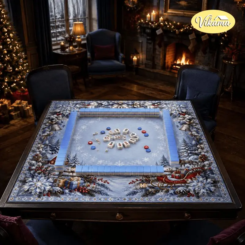 VIKAMA Christmas Mahjong Mat Snowflakes Pine Bells Sleigh Foldable Mahjong Table Mat Cover Table Game Holiday Party Decor