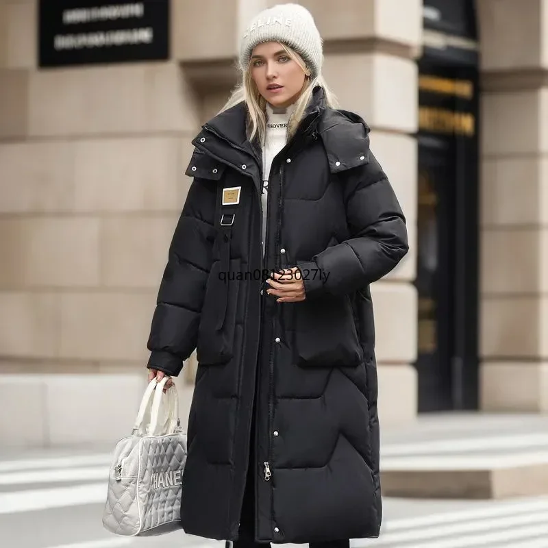 2025 neue Winter Parka Frau lange Jacke Kapuze abnehmbare verdicken lose Pelz kragen Reiß verschluss taschen warmen Schnee tragen gepolsterten Mantel