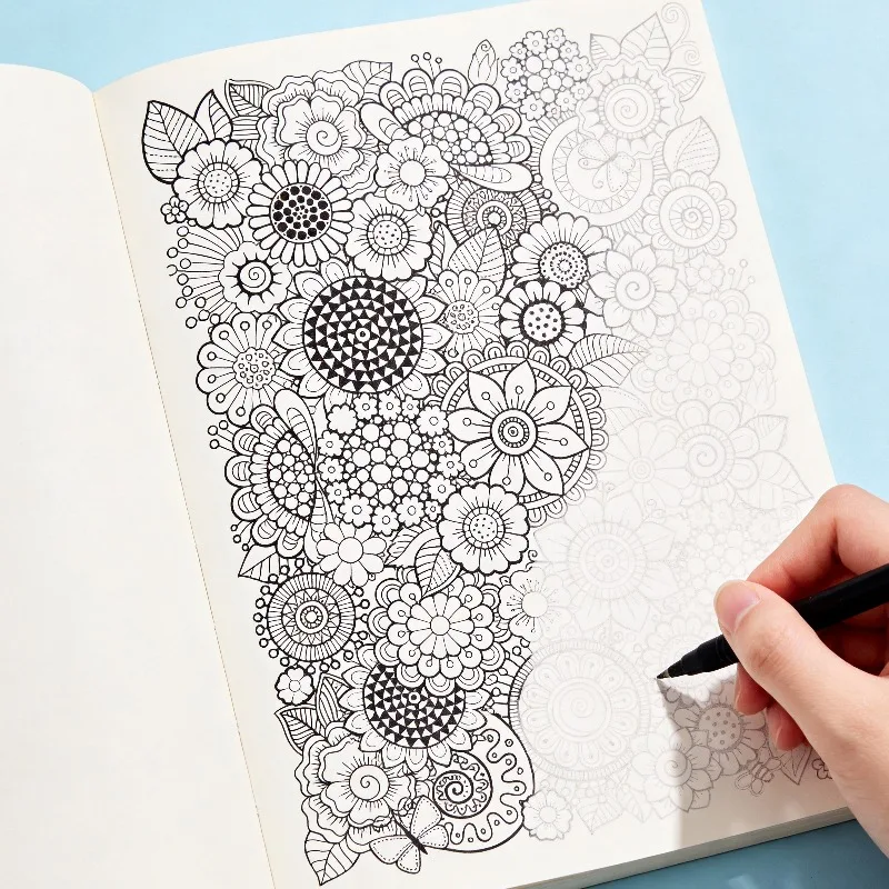 One Adult Stress Relief Hand Drawn Graffiti Book, 24 Patterns Such As Space/Ocean/Dessert/Flower Theme Line Draft Coloring Album