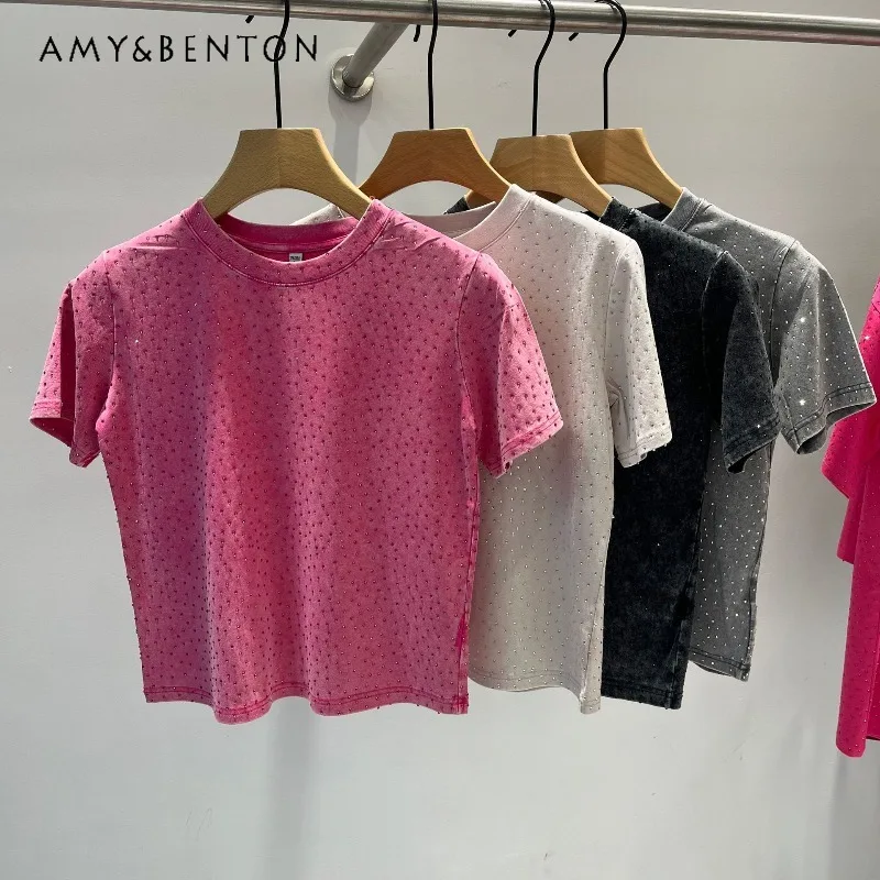 

Korean Style Full Diamond Design Fashion T-shirt For Women's Spring New Dragon Fruit Color Hot Diamond Short Sleeves Top Tshirts