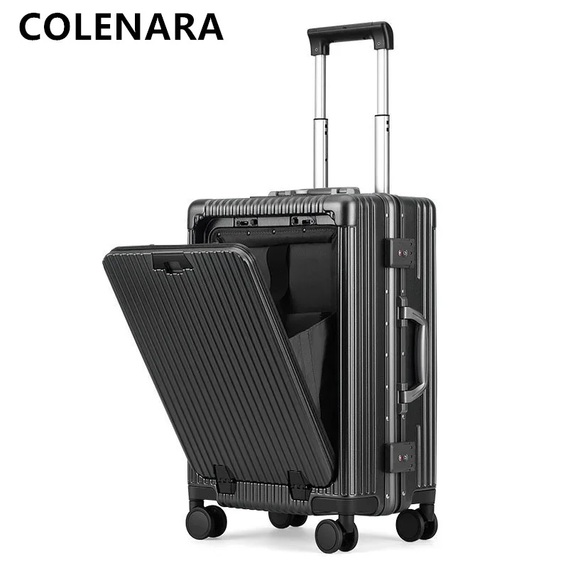 COLENARA-Mala de alumínio para homens, caixa de bagagem de abertura frontal, 24 Laptop Trolley Case, carregamento USB, bagagem de mão, 18"