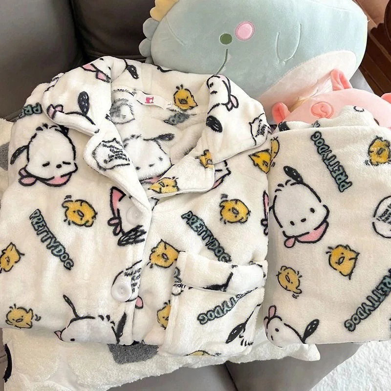Girls Winter Crayon Shin-chan Kawaii Woman Thicked Sleepwear Anime Nightwear Cartoon Plush Pajamas Suit Homewear Cute Tops Pants