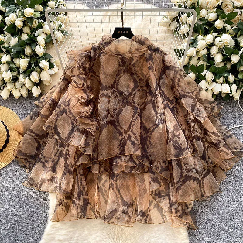 

Python Print Ruffles Blouse High Quality Lace Up Mulit-layer Irregular Shirt Designer-Inspired Women Luxury Party Tops