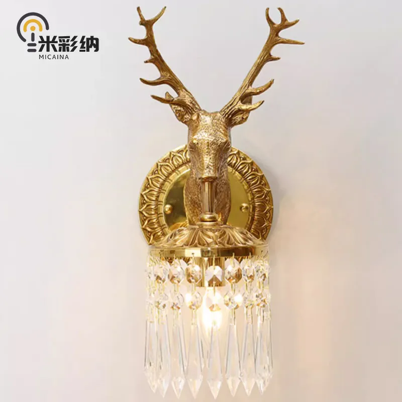 

French retro deer head copper wall lamp European style living room lamp bedroom bedside crystal wall lamp