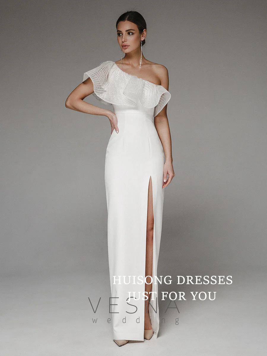 

HUISONG Customized Satin Mermaid Wedding Dresses One Shoulder Sleeveless Side Split Beach Bridal Gown свадебное платье
