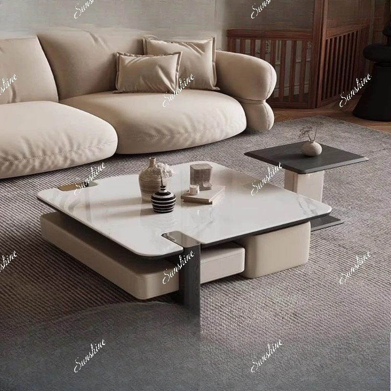 Italian minimalist microcrystalline stone square coffee table small apartment living room with drawers