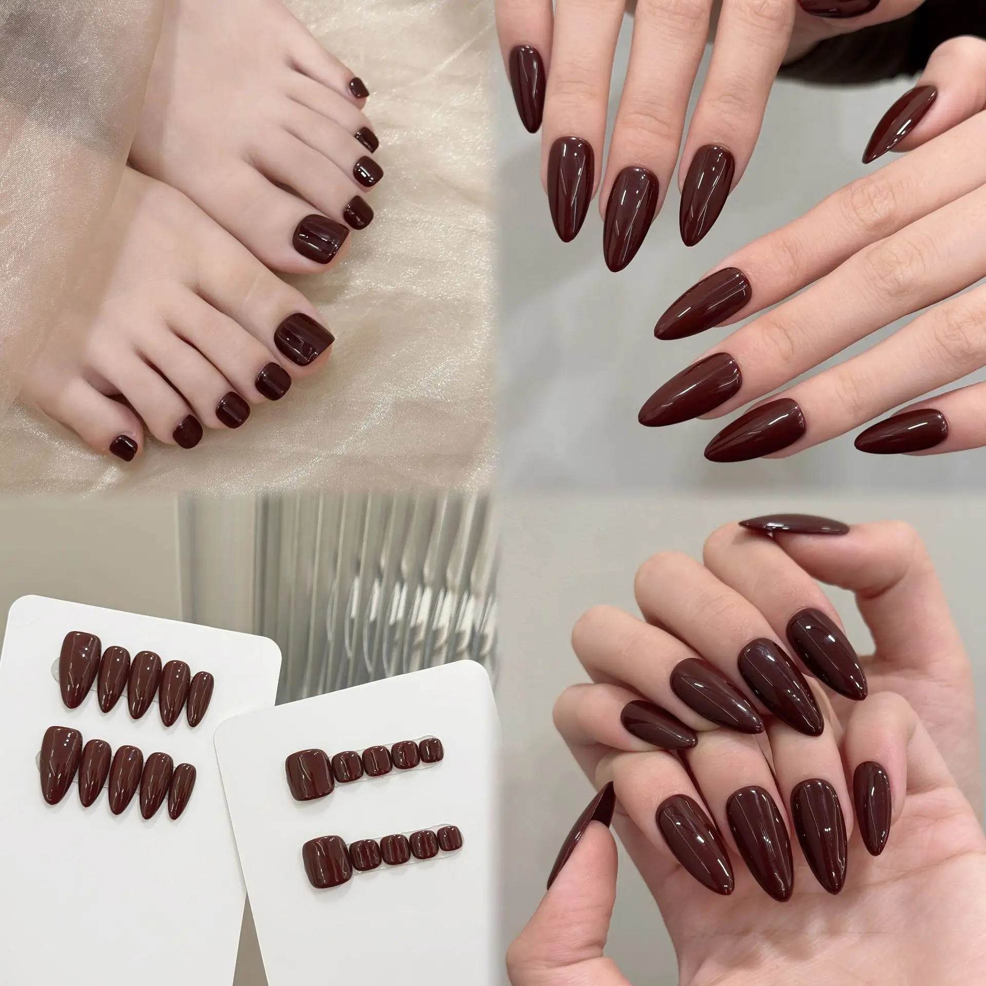 10pcs Handmade Press on Nails Simple Solid Color Almond Fake Nails Full Cover Wearable Lady Summer Brown False Toenails Set