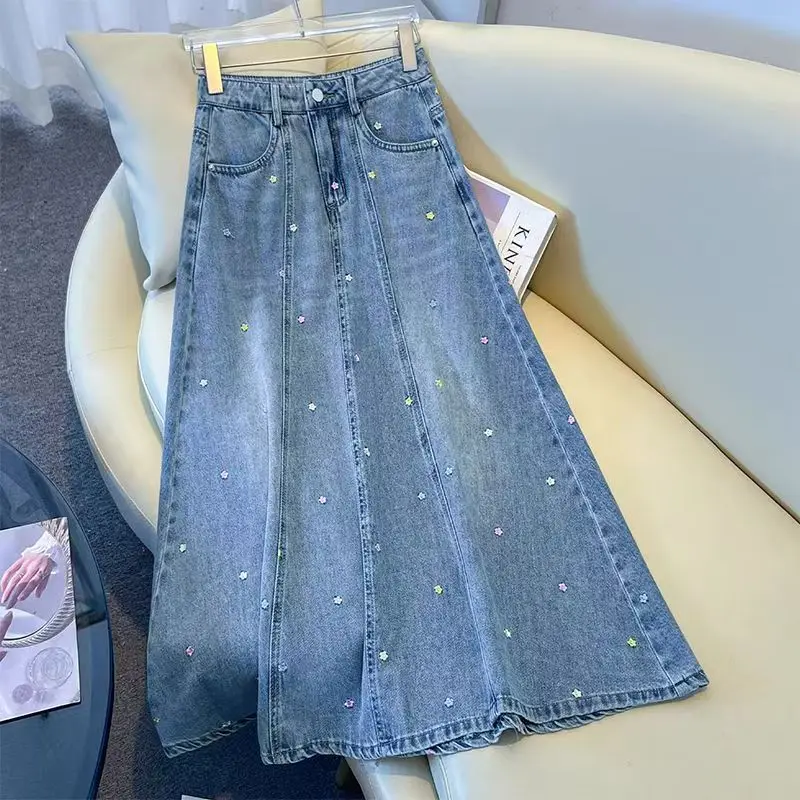 Sparkly Rhinestone Denim Long Skirt for Women High Waist A-Line Glitter Embroidered Maxi Jean Skirt Casual Summer Party Bottoms