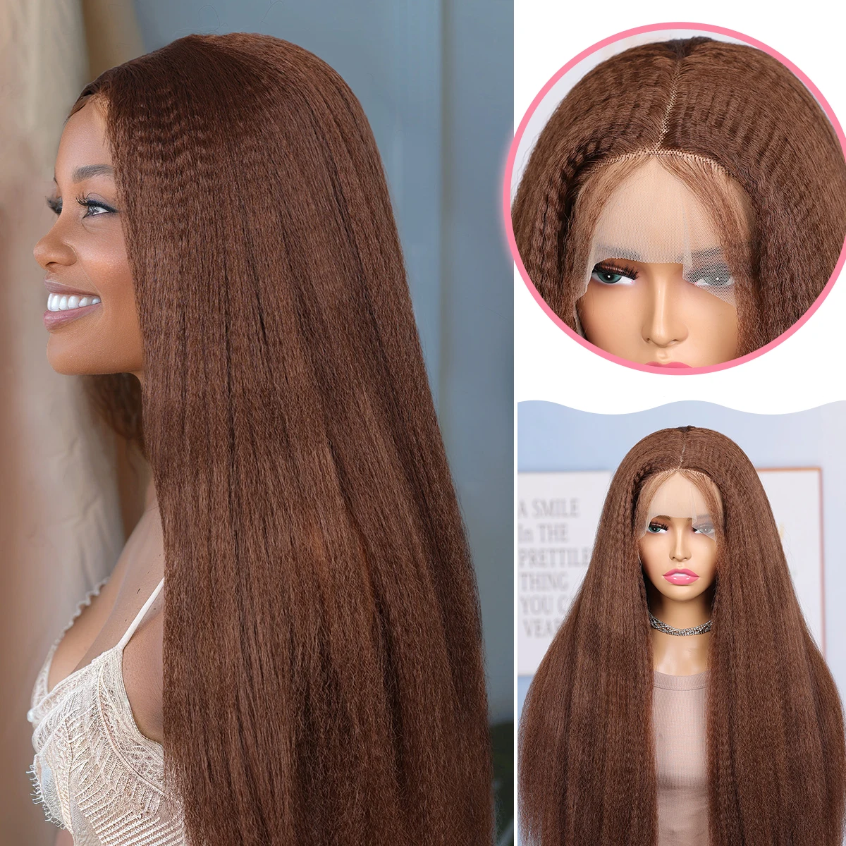 Reddish Chocolate Brown Color Long Yaki Kinky Straight Lace Front Synthetic Part Wig Women Cosplay Daily Preplucked Baby Hair