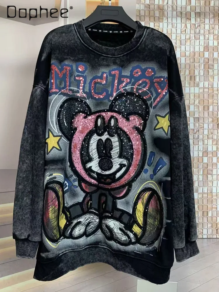 

Autumn Winter New Fleece Heavy Wash Letter Age-Reducing Fashion Cartoon Loose Round Neck Sweatshirt Top Streetwear Women