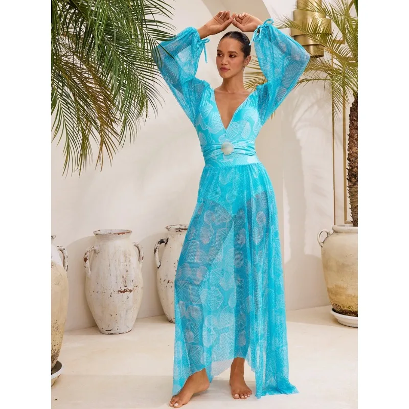 One Piece Swimsuit For Women European And American Swimwear V-neck Mesh Long-sleeved Glossy Shell Printing One-piece Swimsuit Su