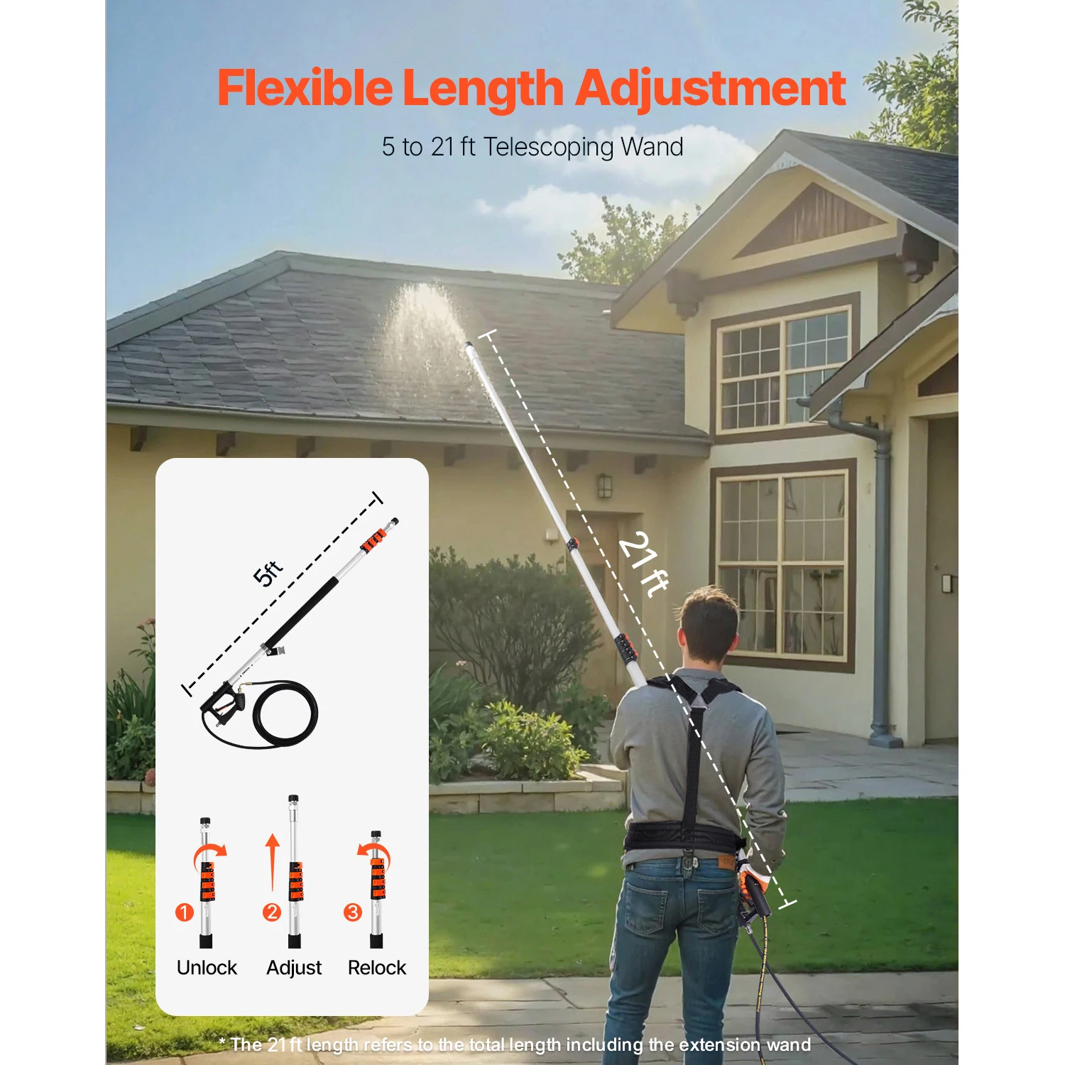 Pressure Washer Telescoping Wand, 24 ft, 4000 psi, 7 Spray Nozzles and Support Harness, Telescopic Spray Wand with Power Washer Extension Wands, Gutter Cleaner, Brush Head, Pivoting Coupler