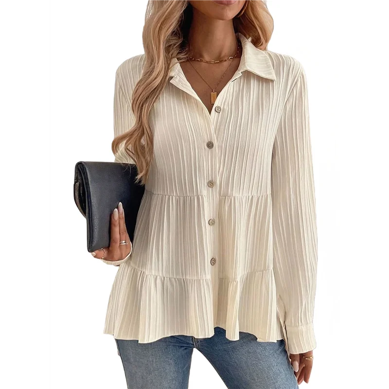 NEW-レディース ボタンダウン ペプラム ブラウス 長袖 襟付き ルーズ フィット シャツ テクスチャード トップ