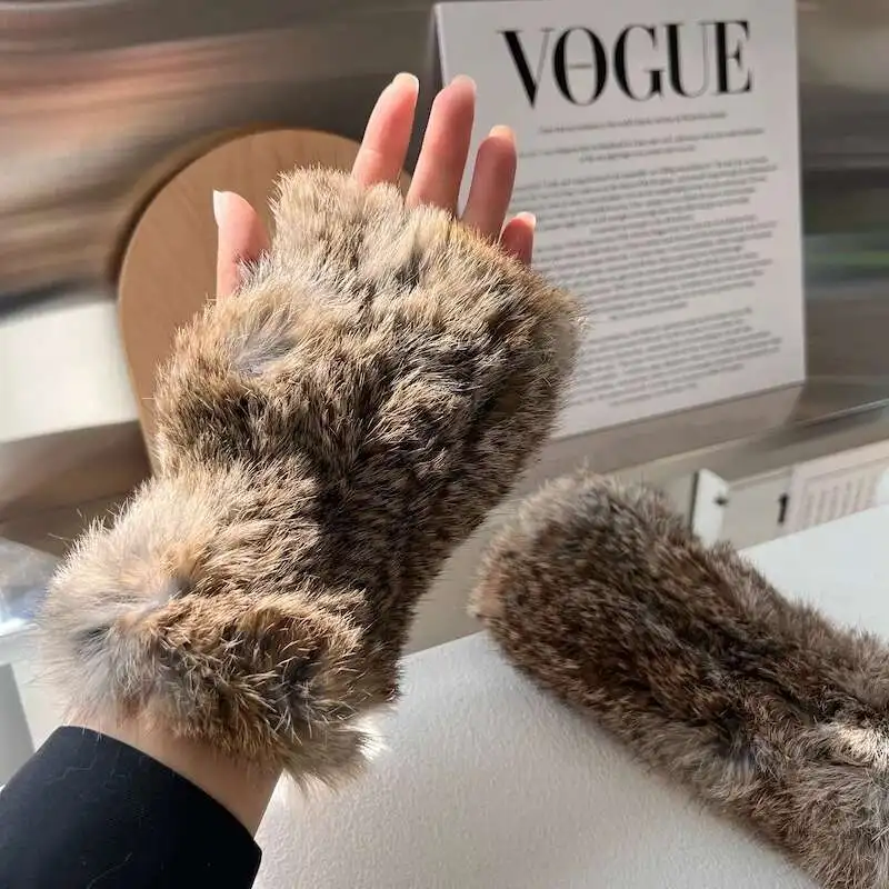 Real Rex Rabbit Fur Gloves Women Winter Thickened Warm Half Finger Gloves Female Good Elastic Hand Knitted Natural Fur Mittens