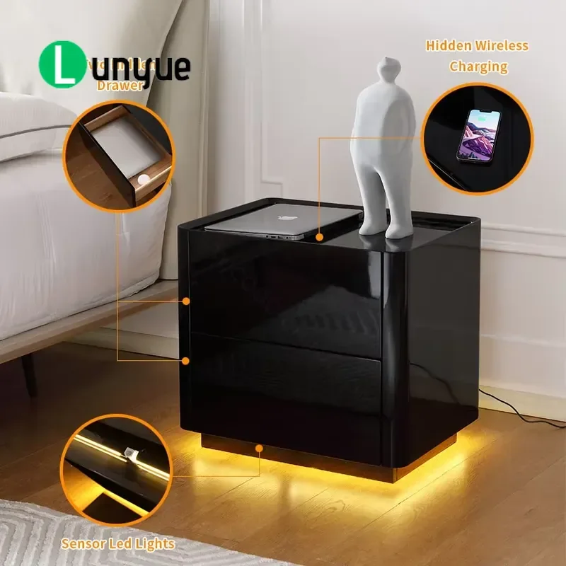 Modern Minimalist Black Wooden Smart Bedside Table with LED Light and Charging Station for Bedroom Nightstand Storage