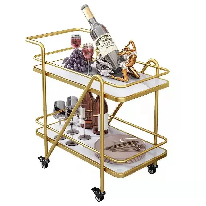 

Hotel Restaurant Home Kitchen Trolley Luxury Vintage Gold Metal Iron 2 Tier Wine Drink Food Tea Serving Bar Cart