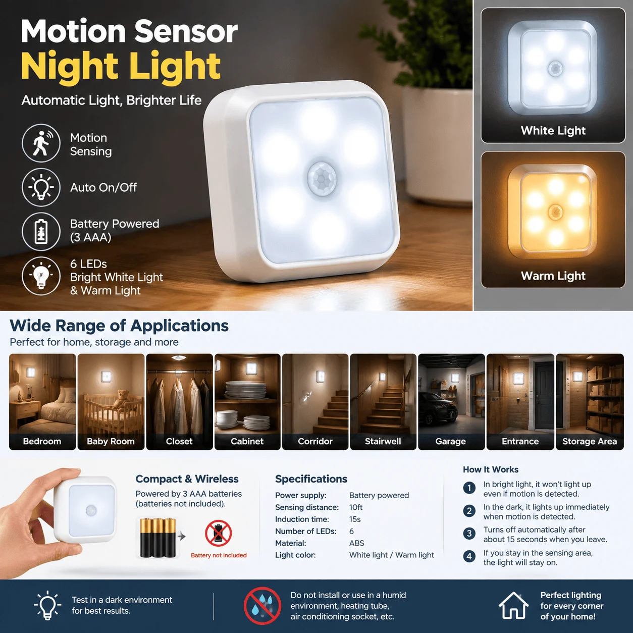 LED Sensor Night Light Indoor Motion Activated Lamp for Wardrobe Closet Bedside Toilet Bathroom Staircase Bedroom Corridor Hallway, Energy Saving Compact Small Size Automatic Lighting with Easy Placement for Home Household Use