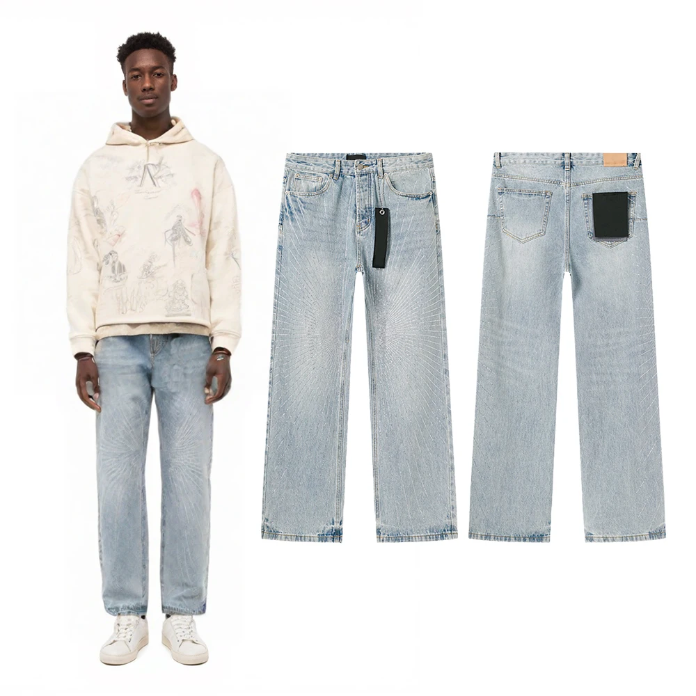 

Y2k Street Wear Clothing Men's Loose Straight Denim Jeans with Rhinestones Hip Hop Street Style Casual Retro Baggy Jeans for Men