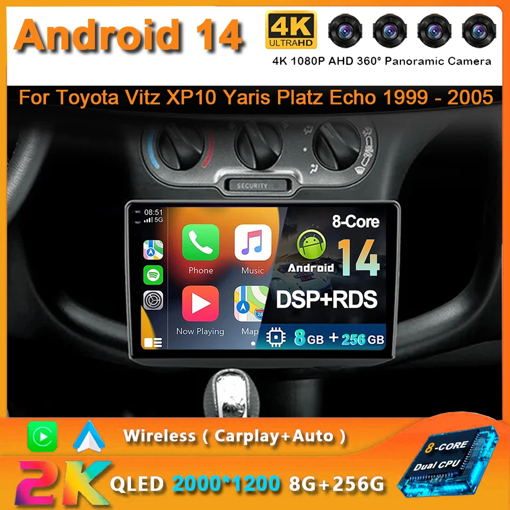 For Toyota Vitz XP10 Yaris Platz Echo 1999 - 2005 2K QLED Android 14 Car Radio Multimedia Video Player GPS AI Voice CarPlay