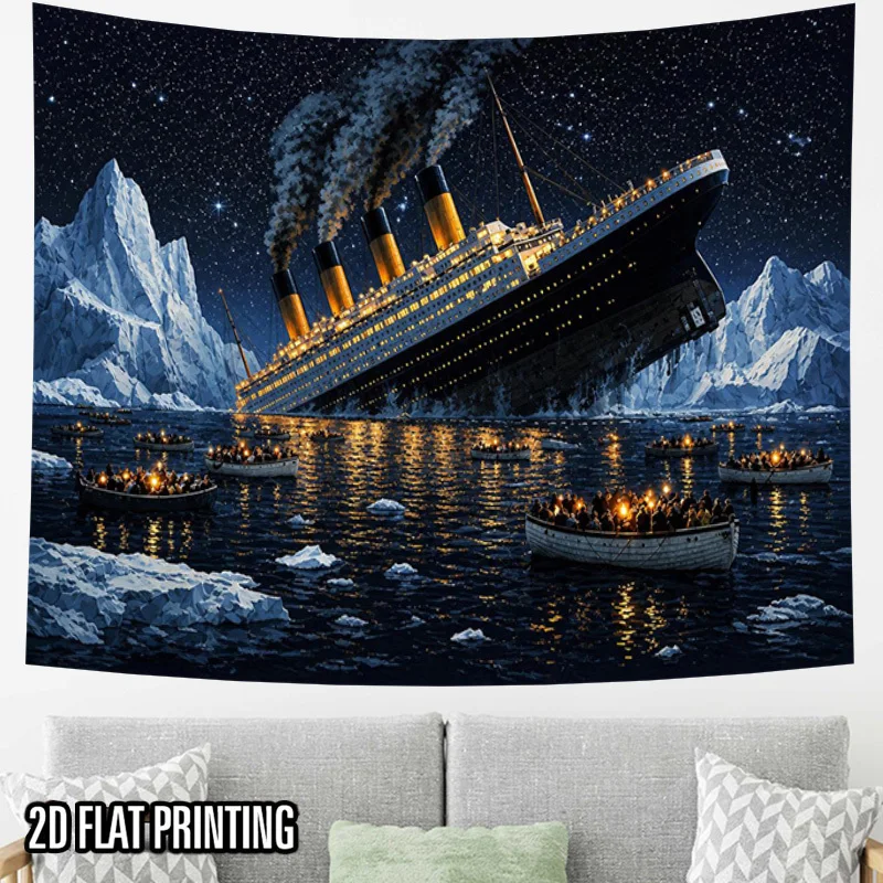 Vintage Steamboat Voyage Through Snowy Mountains Night Sky Wall Tapestry Nautical Decor Art Print