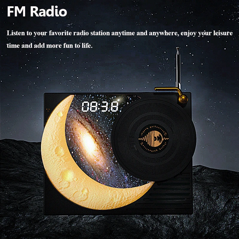 Portable Vintage Bluetooth Speaker Half-moon Ambient Light Surround Sound Music Box with LED Screen Support FM Radio Time Displa