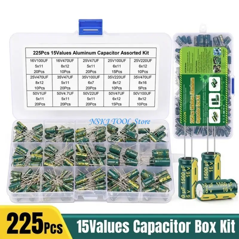 L8RC 15 Value Assorted Aluminum Capacitors 225pcs for TV Radio Game Consoles Repairs