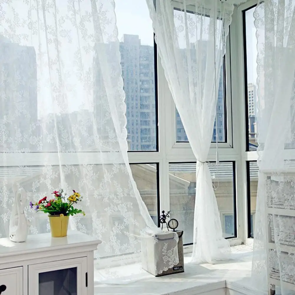 

White Floral Embroidered Lace Modern Floral Voile Tulle Window Gauze Knitted Jacquard Curtain For Bedroom Kitchen Drapes Door