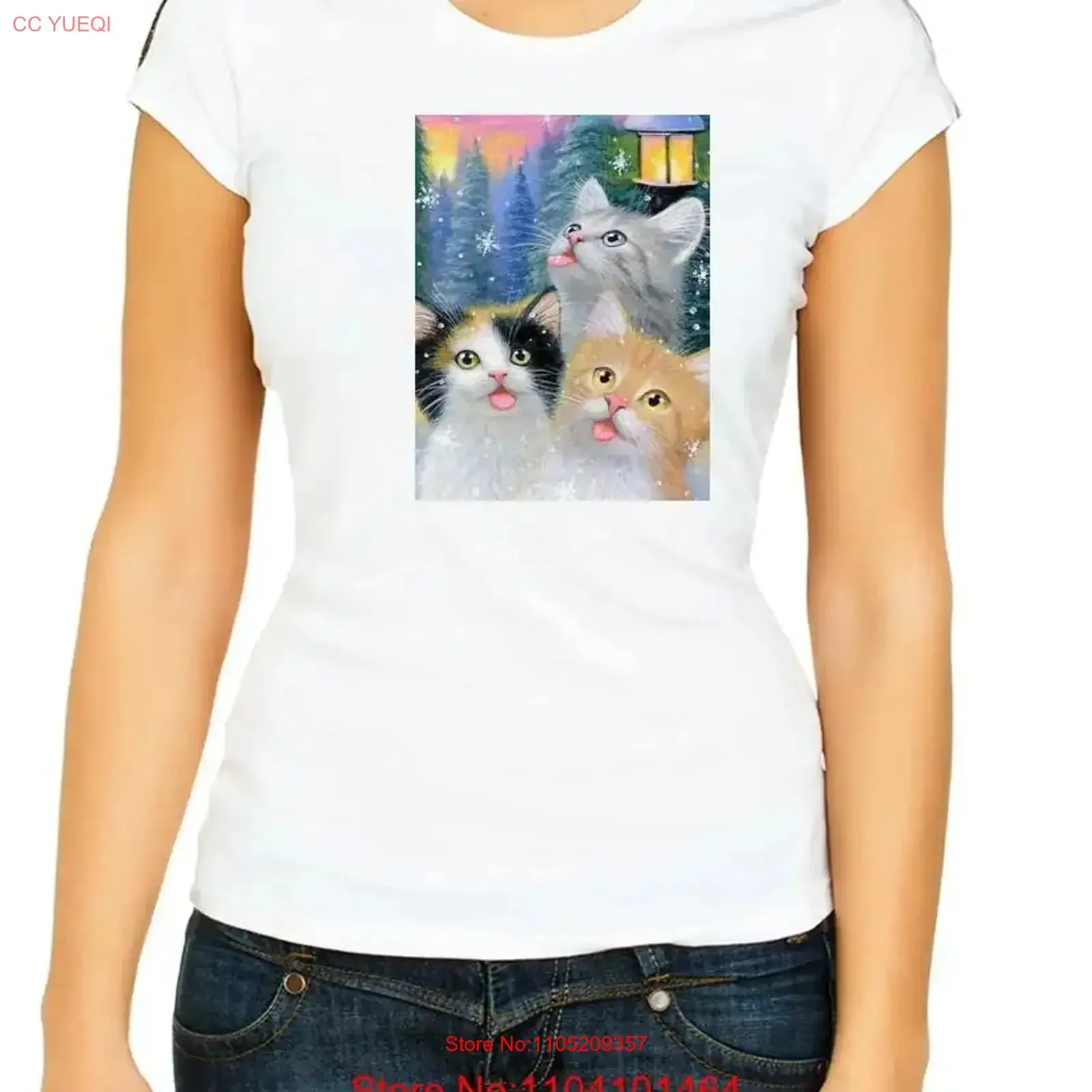 لطيف هريرة اللوحة الحيوان الأبيض 3 4 تي شيرت امرأة F432 خمر غسلها الشارع الشهير امتدت لينة أنيقة #1