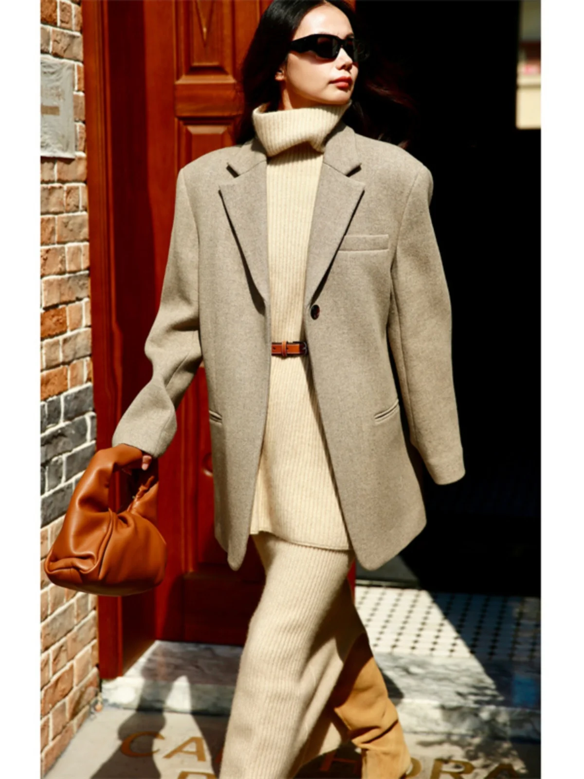 

FANNIU Winter Casual Commute Woolen Suit Jaet Loose Fit Ele Notch Lapel One Button Design Straight Cut Thiened