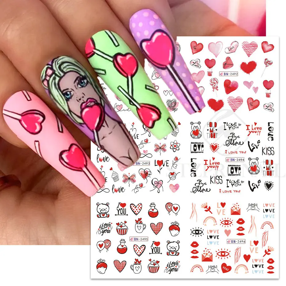 12pcs Pink Love Nail Art Water Sticker Combo Cute Young Girl Candy Cartoon Transfer Decals Tips Watermark Slider Manicure SLBN