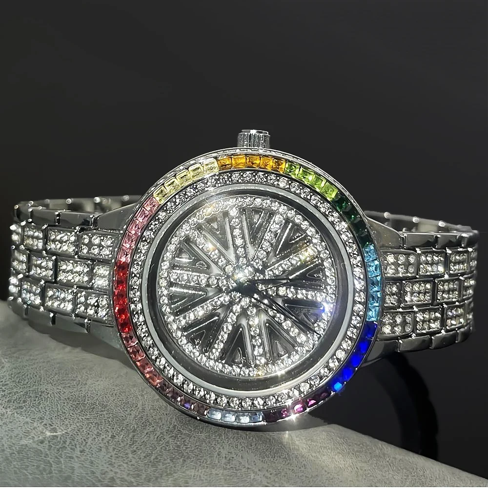 

Luxury Iced Out Watch For Women Fashion Shiny Rotating Dial Quartz Watches Ladies Dress Rainbow Diamond jewelry Wristwatch Girl