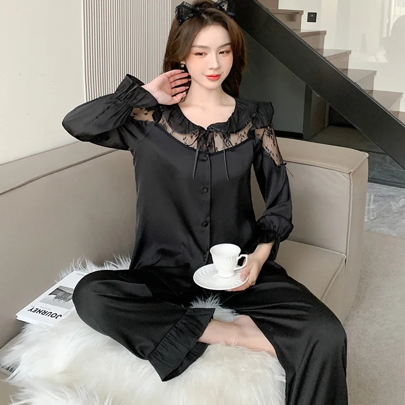 Temperament Noble Summer Satin New Pajamas Women Ice Silk Cardigan Hollow Lotus Collar Loungewear Elegant Lace Pyjamas Sets Pj