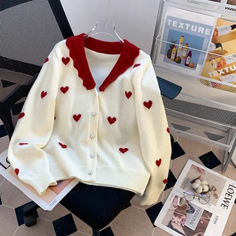 Peter Pan Collar Knitting Cardigan Coat Women Autumn Winter Fashion Love Jacquard Sweater Sweet Preppy Style Trend Knitwear Tops