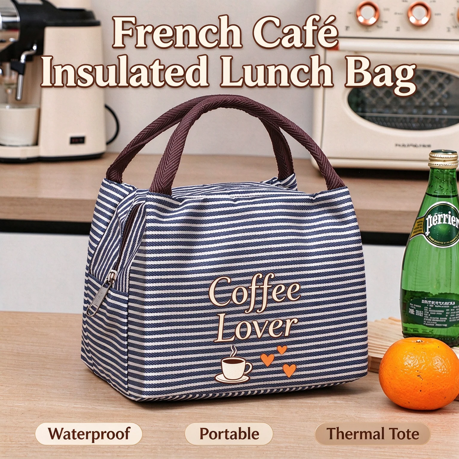 Coffee Lover Print Insulated Lunch Bag Navy Striped Waterproof Portable Thermal Tote Bag for Women Office Picnic Food Storage