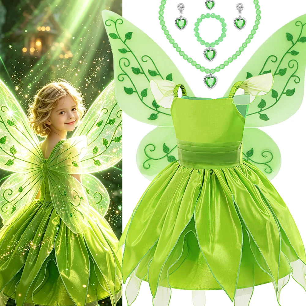 Grünes Prinzessinnenkleid Kinderkleidung Sommerkleider Halloween-Kostüme Feen-Tutu-Kleid Mädchen Natur-Elfen-Kostüm mit Flügeln – Detail 2